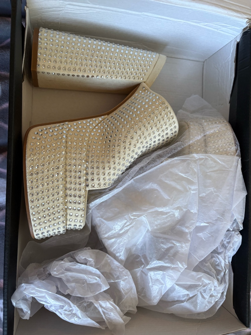 Fashion Nova Cream Crystal Platform Ankle Boots